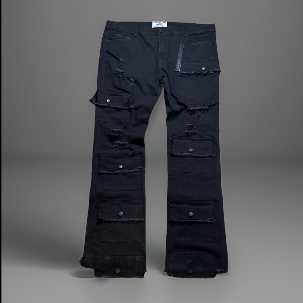 NWT Rockstar Original 44 Grungy Distressed Black Stacked Flare Jean Men’s RSM205